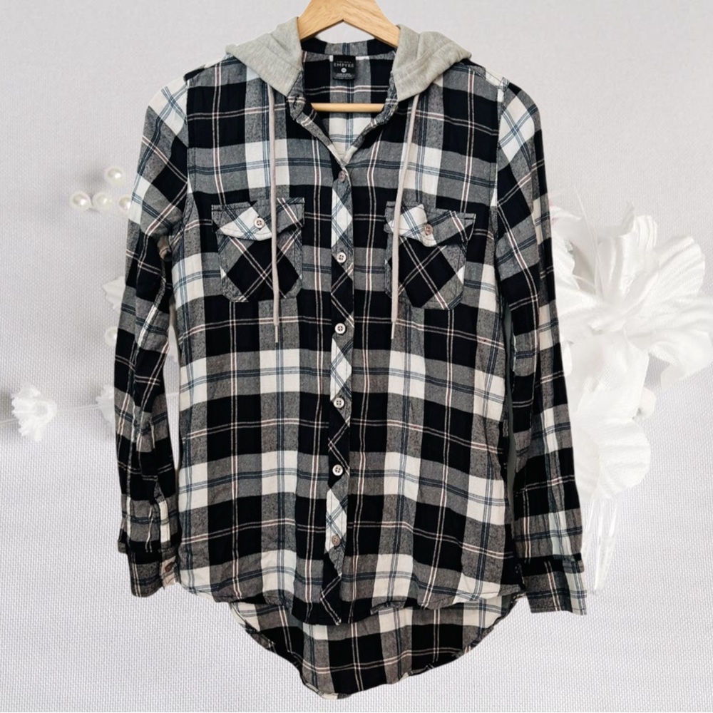 Plaid Button Down Shirt with Hood - Blue / Grey - Long Sleeve - High Low Hem XS